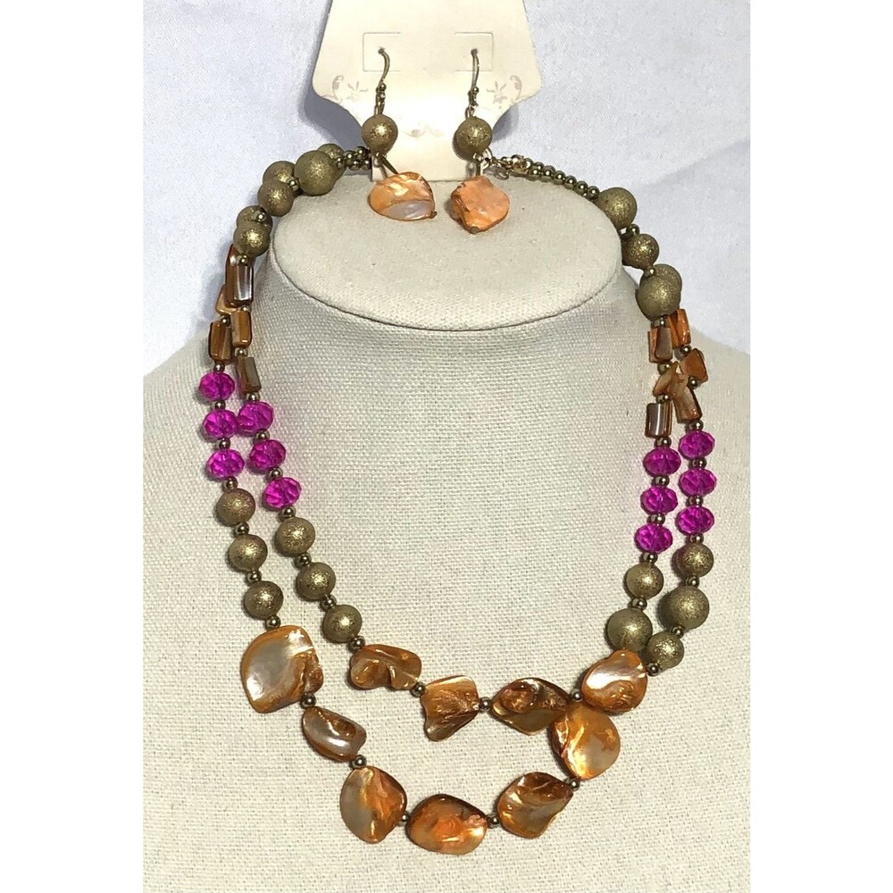 NWT Dressbarn Necklace & Earrings Orange Pink Gold Metallic Beads CostumeJewelry